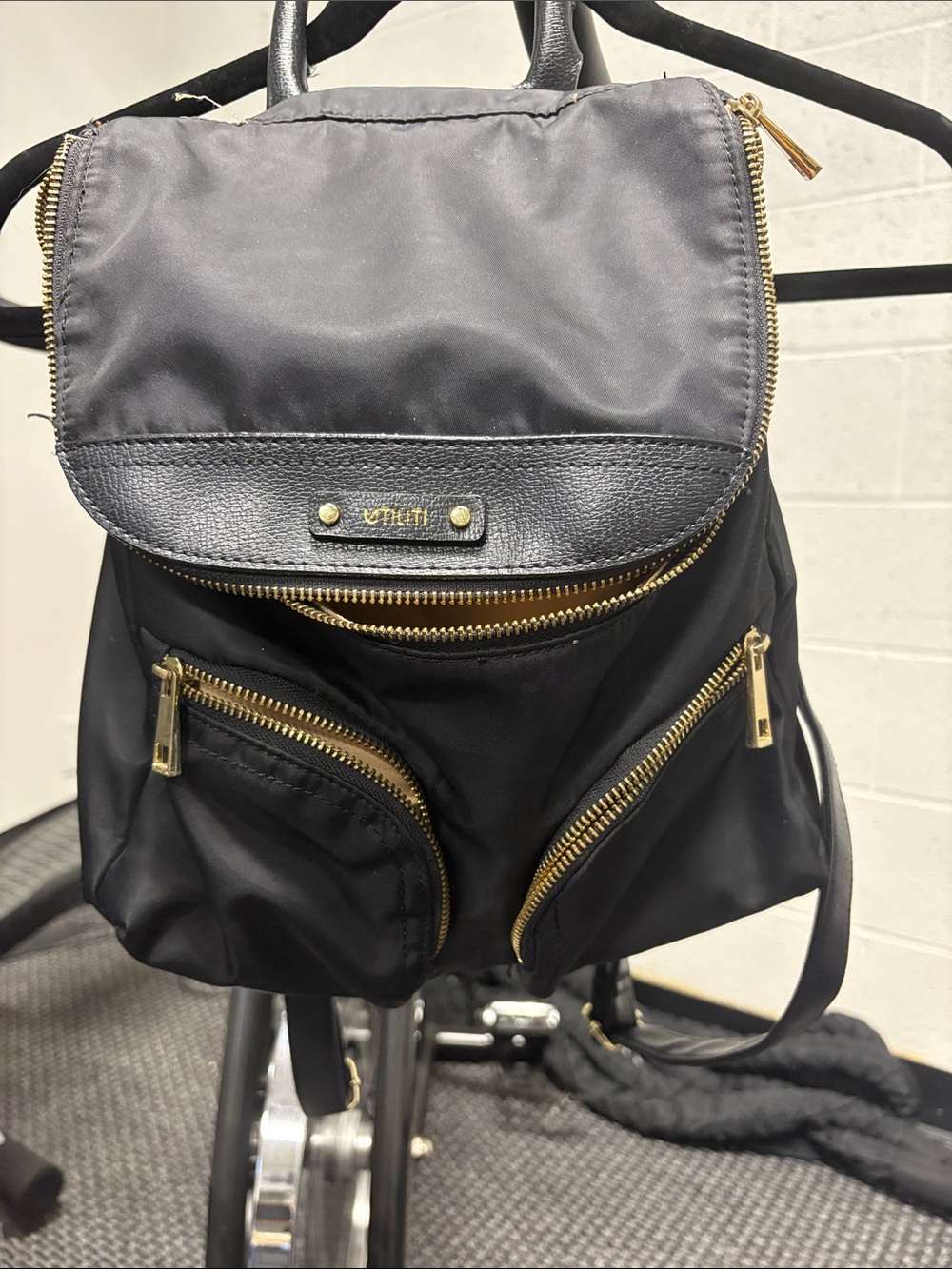 Black Nylon Backpack with Gold Hardware